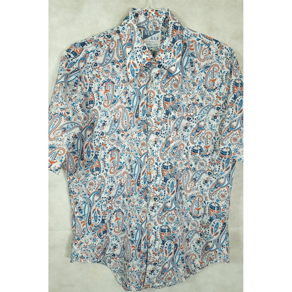 Vintage 70s New Man Paisley Shirt Mens Large Blue Orange Short Sleeve Btn Down